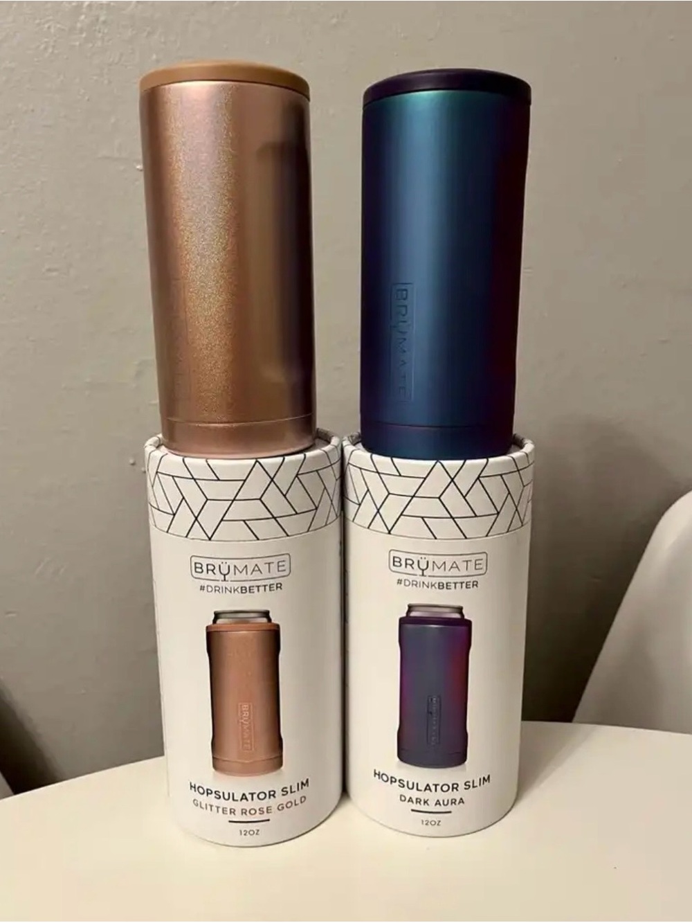 BrüMate Hopsulator Slim Insulated Can Coolers (2) Glitter Rose Gold & Dark Aura